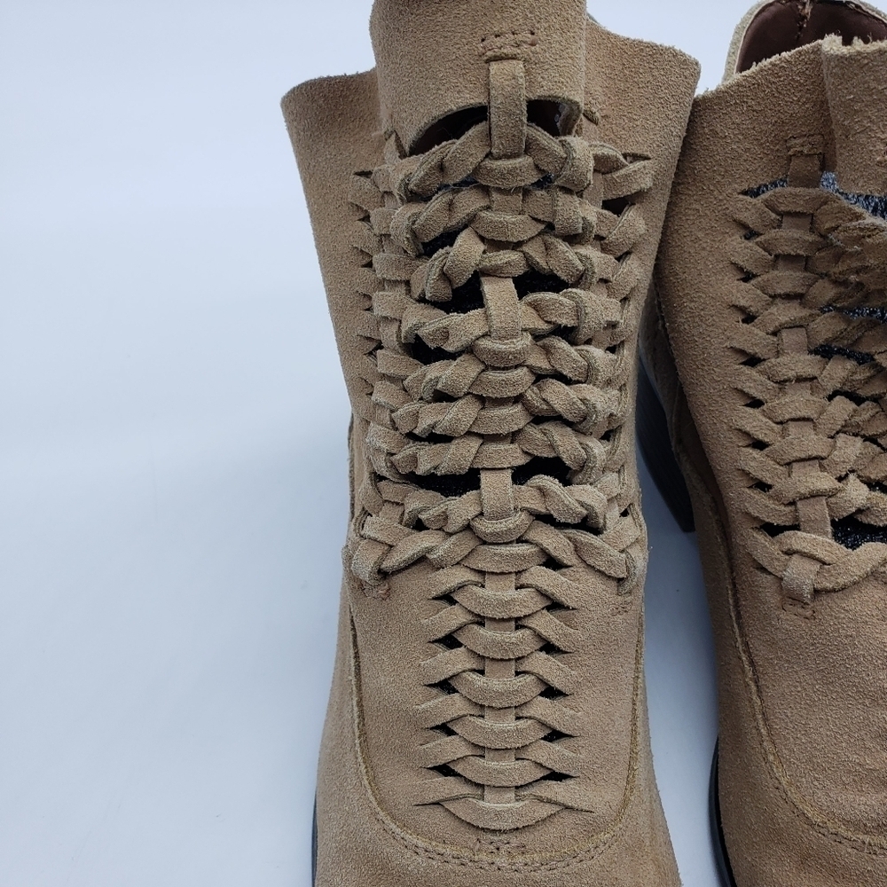 Plume by FarylRobin women US 9 DORAN tan suede ankle booties side snap woven - Picture 7 of 15